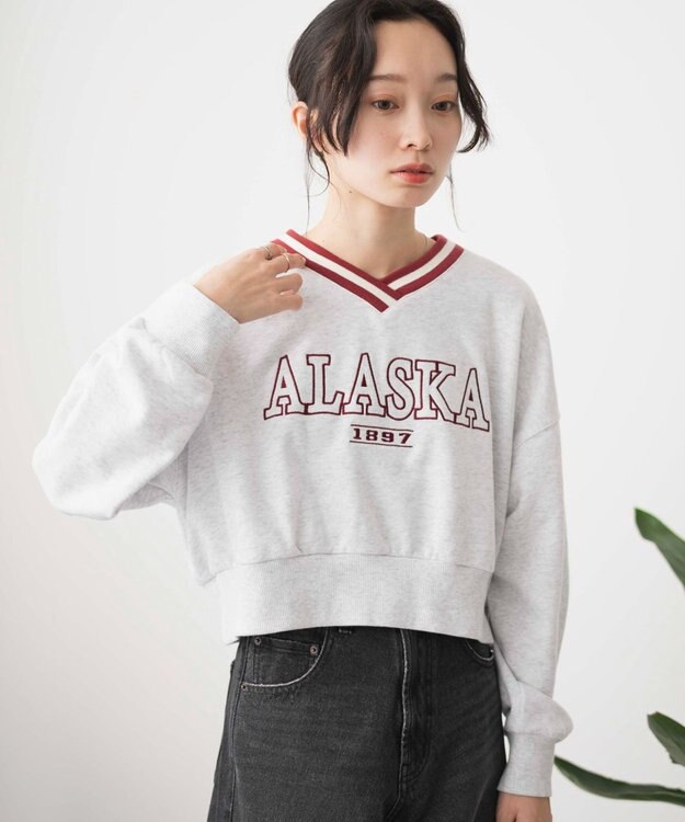 WEGO Vネックラインリブショートスウェット 杢グレー