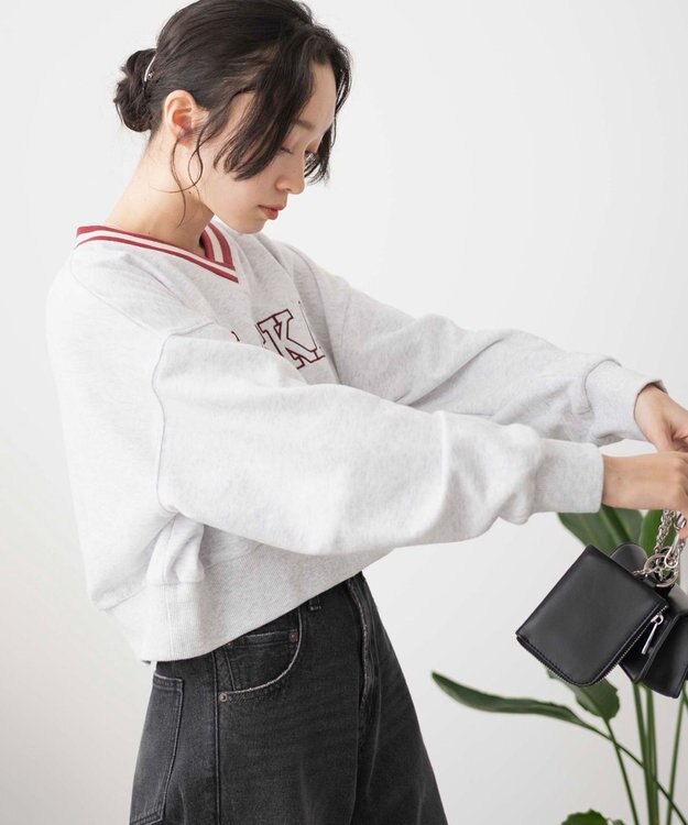 WEGO Vネックラインリブショートスウェット 杢グレー