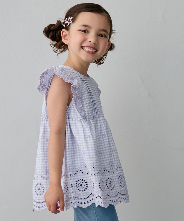 ANY KIDS ひんやり レース刺繍ブラウス 【新色】ラベンダー×ギンガム