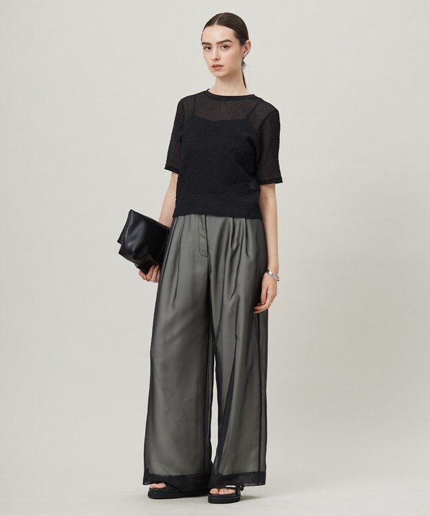 ICB 【洗える】 シャイニーサッカー クロップドトップス ブラック系