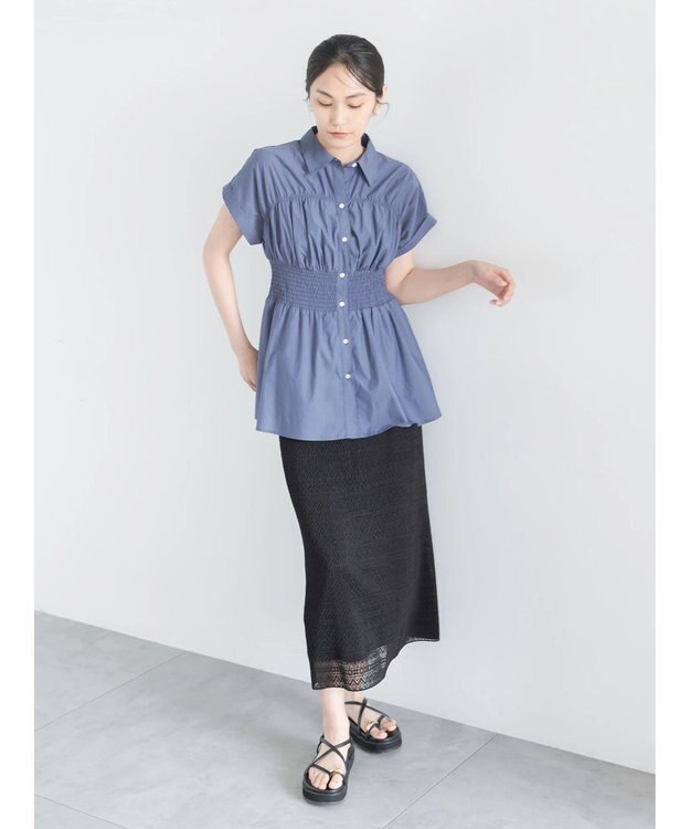 Te chichi 【接触冷感】ターンバックスリーブシャーリングブラウス ネイビー