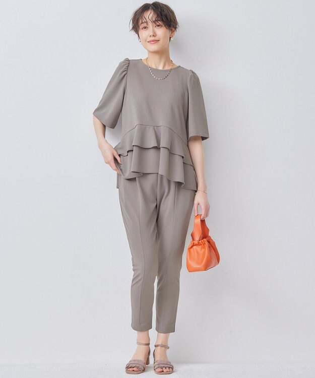 組曲 【接触冷感・吸湿・UVカット】ジョーゼットジャージーフリルブラウス モカブラウン系