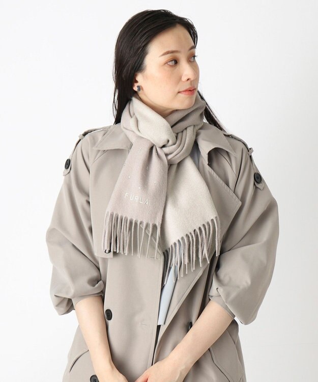 MOONBAT 【洗える】FURLA カシミヤ混ラメ入りラインストーンストールマフラー／幅30cm シルバー