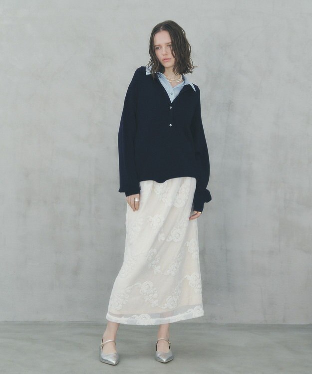 YECCA VECCA フラワー柄刺繍メッシュスカート Ivory