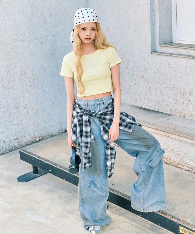 WEGO ロゴスタッズクロップドT イエロー
