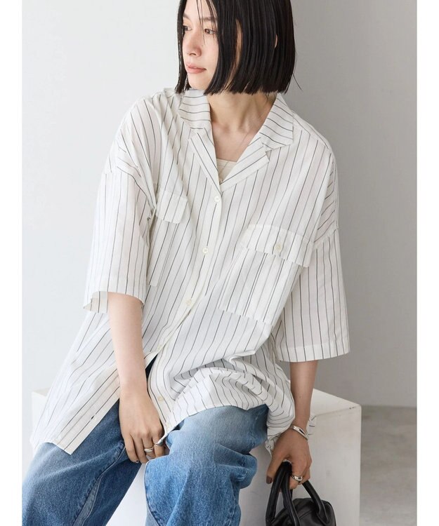 AMERICAN HOLIC 接触冷感＋ＵＶカットＷポケットＢＩＧシャツチュニック Stripe Ivory