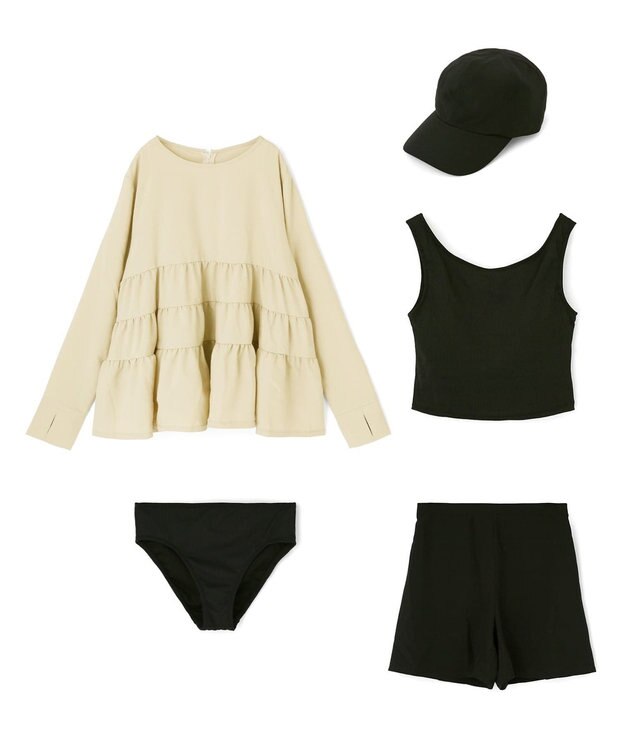 San-ai Resort（三愛水着楽園） 【WEB限定】5点セット キャップ付きUVカットタンキニ+ティアードラッシュセット水着【BeachQueen(ビーチクイーン）】 ベージュ