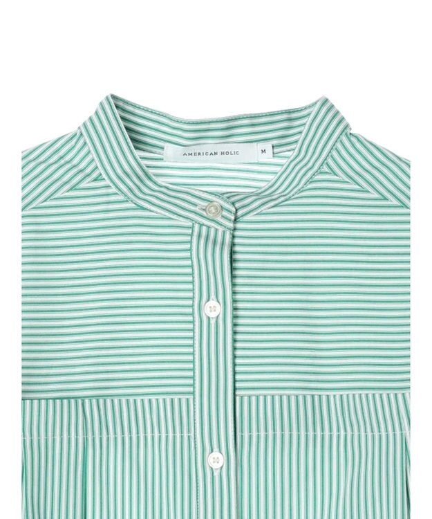 AMERICAN HOLIC イージーケア切替タックワイドシャツ Stripe Green