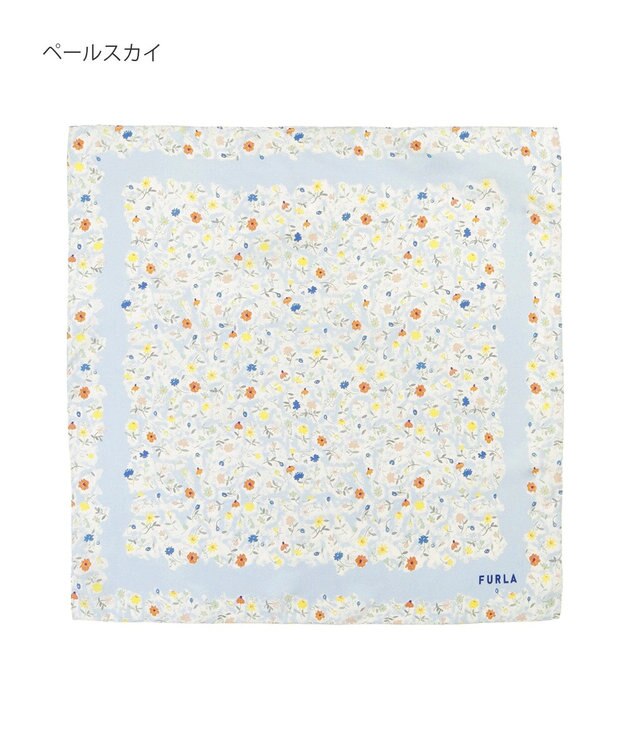 MOONBAT 【シルク100%】フルラ (FURLA) 小花柄 シルクプリントスカーフ 58cm×58cm ペールスカイ