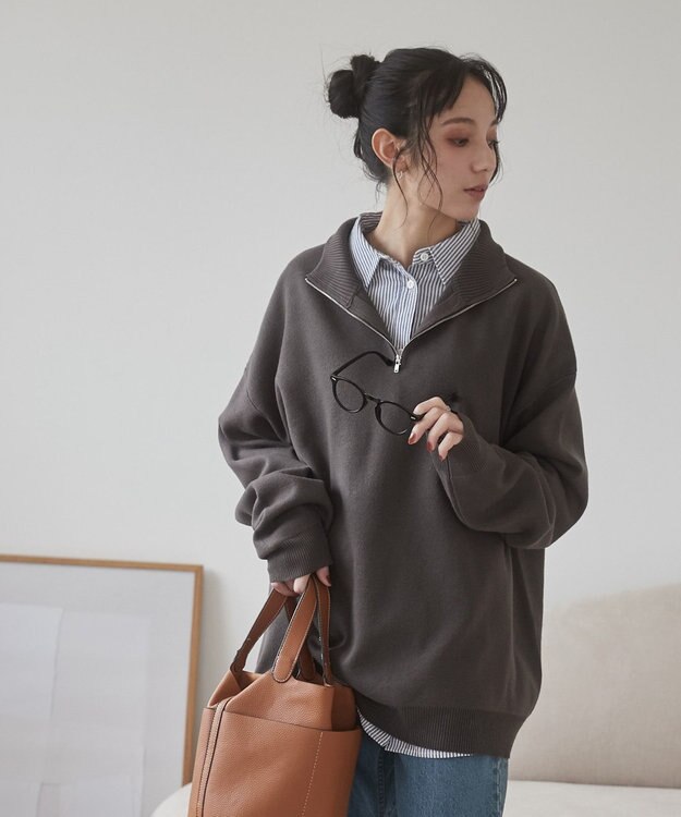 WEGO 【ユニセックス着用ITEM】ミラノリブハーフジッププルオーバー ダークグレー