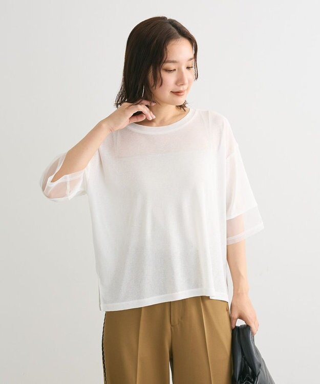 Green Parks 袖チュールドッキングシアー５分袖プルオーバー White