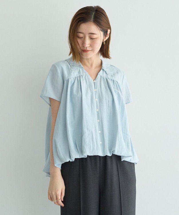 YECCA VECCA 刺繍カラーバルーンヘムブラウス Sax