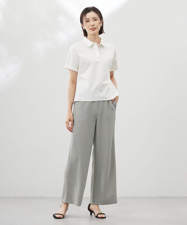 J.PRESS LADIES 【洗える】コットンリネンジャージー ポロ カットソー ホワイト系