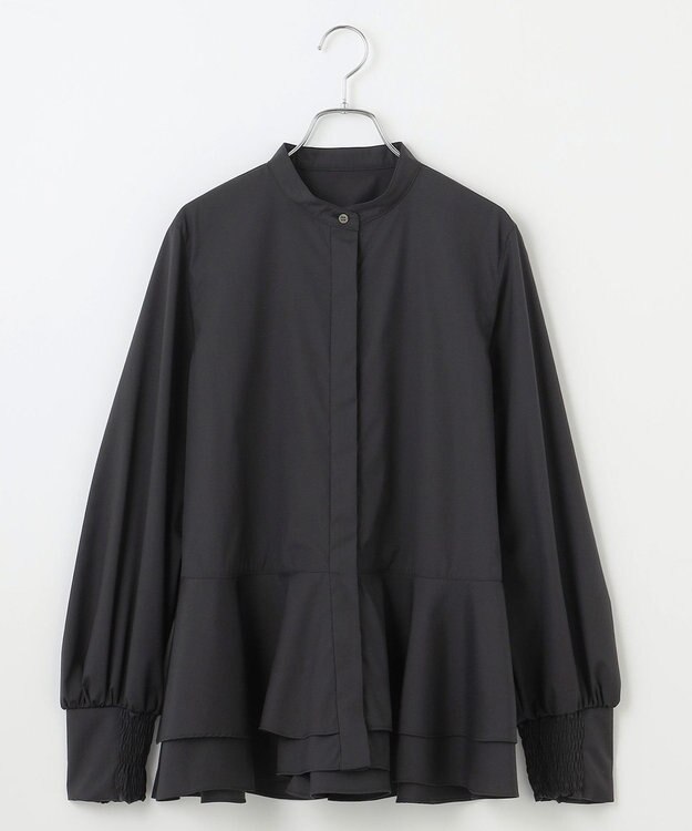 #Newans 【シワになりにくい/洗濯機可能】ダブルフリルヘムシャツ ブラック