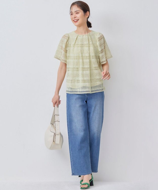 組曲 L 【ストレッチ】ミッドデニム ワイドストレートパンツ ユーズドブルー系