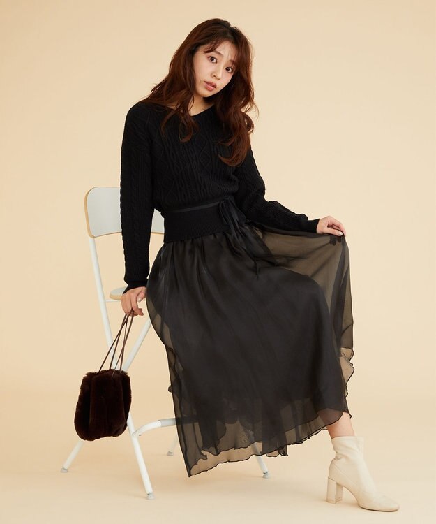 Feroux 【セットアイテム】ケーブルニット×オーガンジースカート ブラック系