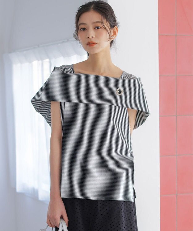 組曲 L GIZAコットンオフショルダー カットソー ネイビー×オフ系2