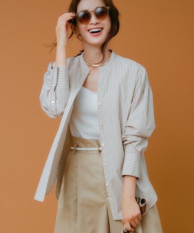 23区 S 【滝沢眞規子さん着用/mi-molletコラボ/洗える】CANCLINI デザイン シャツ ブラウンストライプ