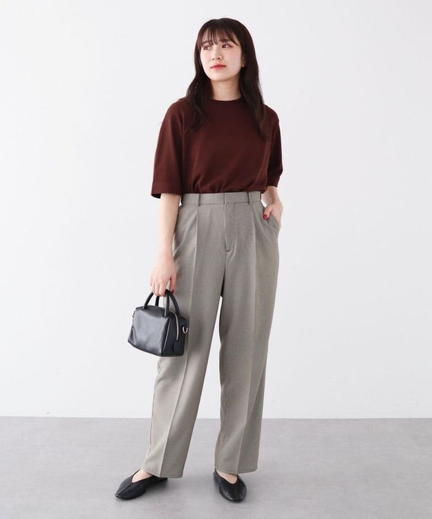 Green Parks 袖裏配色５分袖ニットプルオーバー Brown