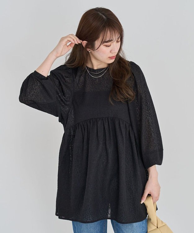 Green Parks ヒョウ柄ジャガードペプラムチュニックブラウス Black