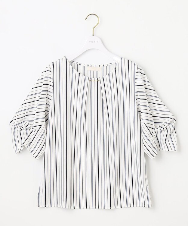 ANY SIS 【接触冷感・吸水速乾・UVケア】エアリードレープスムース タックスリーブ ブラウス オフストライプ