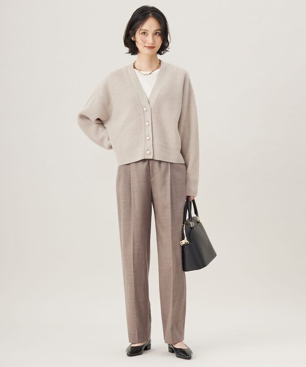 自由区 【洗える】ウールカシミヤブレンドラメスパンコールニット カーディガン ベージュ×ゴールド