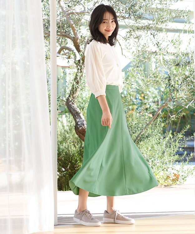 ANY リネンライクオックス フレアスカート グリーン