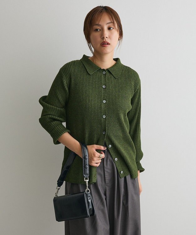 CRAFT STANDARD BOUTIQUE ミックスカラーポロ襟ニットカーディガン Green