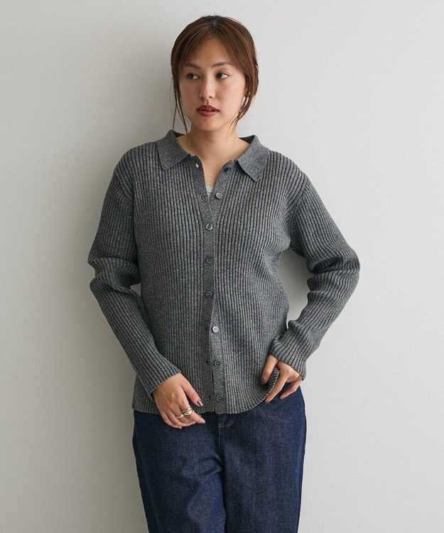 CRAFT STANDARD BOUTIQUE ミックスカラーポロ襟ニットカーディガン Gray