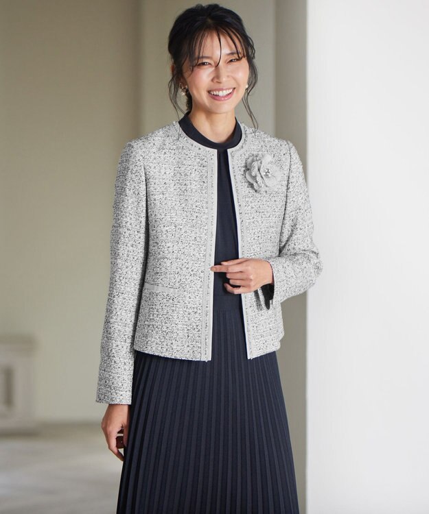 23区 【セットアップ対応】シャインツイードストレッチ ノーカラー ジャケット モノトーン