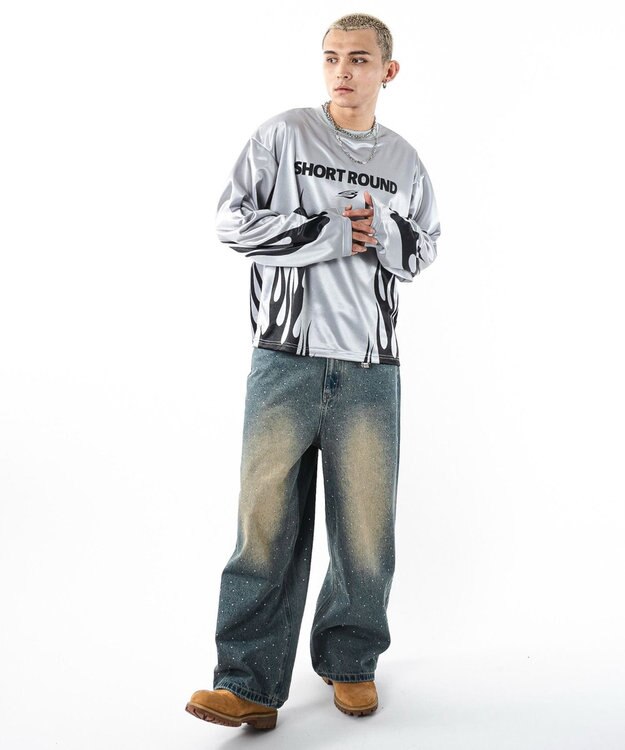 WEGO 【ユニセックス着用ITEM】ファイヤーパターンゲームロゴT（長袖） グレー