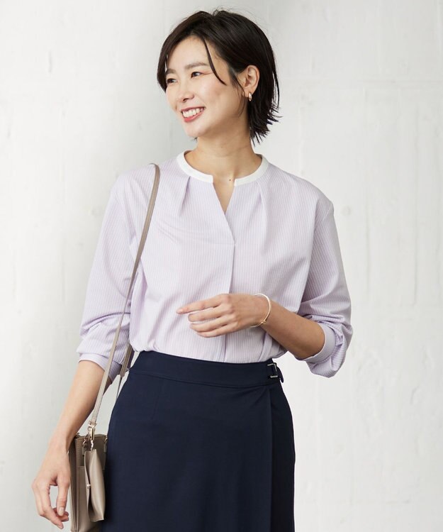 J.PRESS LADIES L ピンストライプジャージー バンドカラー スキッパー カットソー ふじ色系1