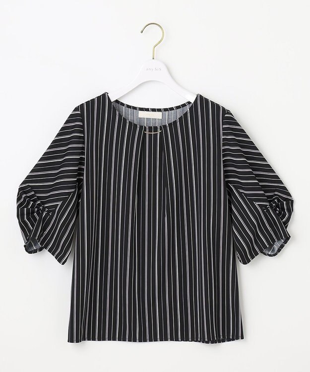 ANY SIS 【接触冷感・吸水速乾・UVケア】エアリードレープスムース タックスリーブ ブラウス ネイビーストライプ