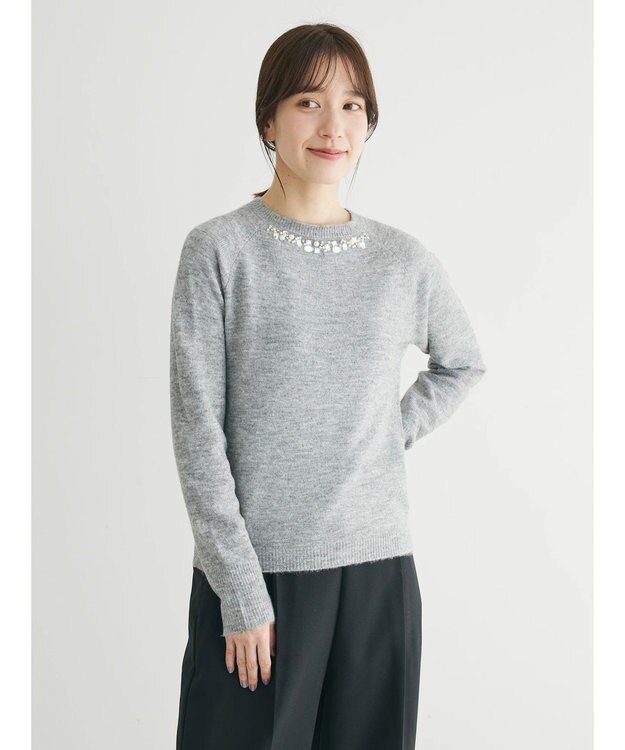 Green Parks ビジュー付きニットプルオーバー Gray Mixture