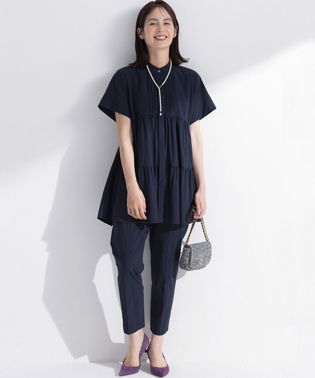 組曲 S スーパーライトストレッチティアード ブラウス ネイビー系