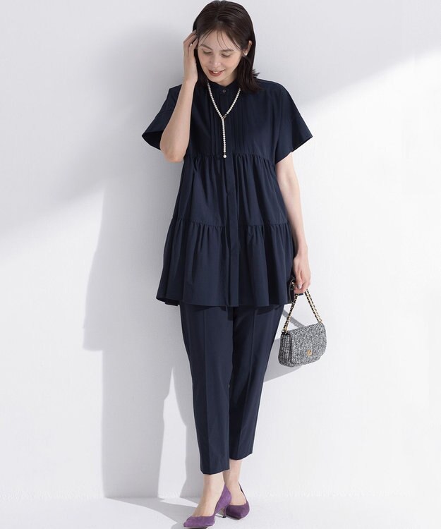 組曲 S スーパーライトストレッチティアード ブラウス ネイビー系