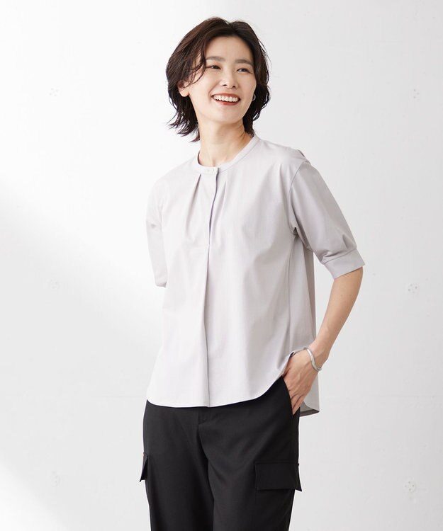 J.PRESS LADIES L 【吸水速乾】プレーティングジャージー バンドカラー カットソー ベージュ系