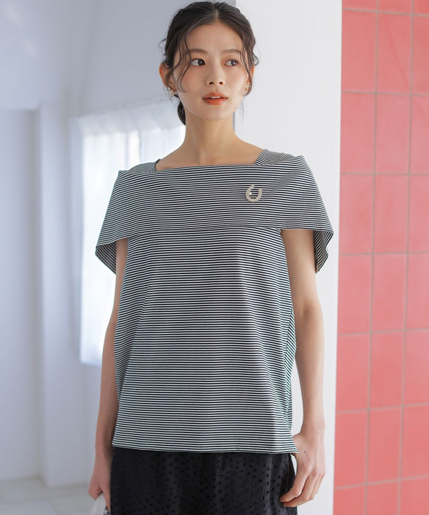 組曲 L GIZAコットンオフショルダー カットソー ネイビー×オフ系2