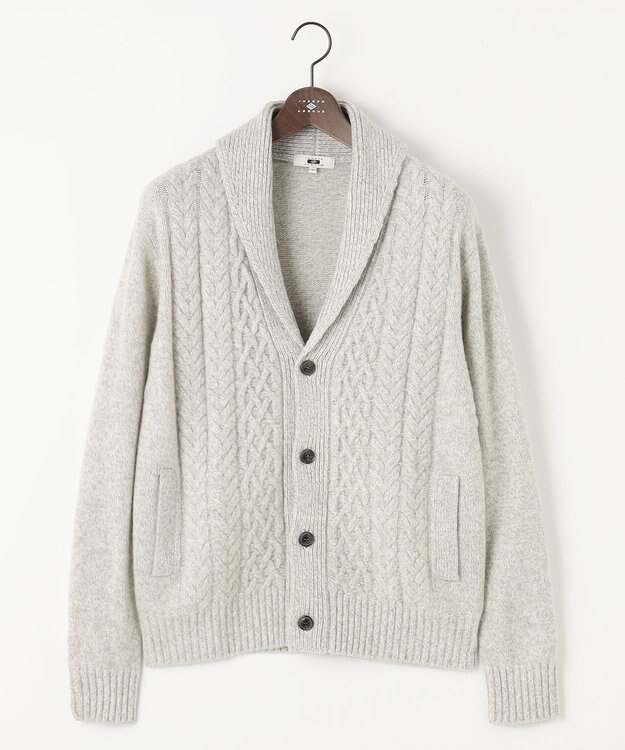 JOSEPH ABBOUD 【イタリア糸使用/軽く暖かい】 ラムウールケーブル柄ショールカラーカーデ カーキ系