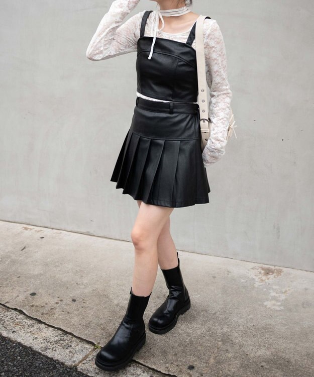 WEGO ヴィンテージライクFレザープリーツスカパン ブラック