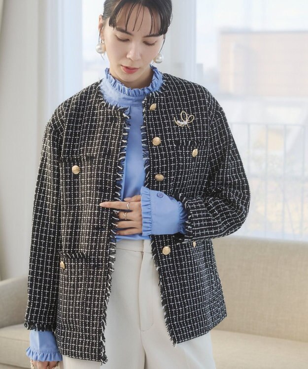 WEGO 【ANGIE VINTAGE/オケージョン対応 / セレモニー対応】ノーカラー ツイードジャケット ブラックその他