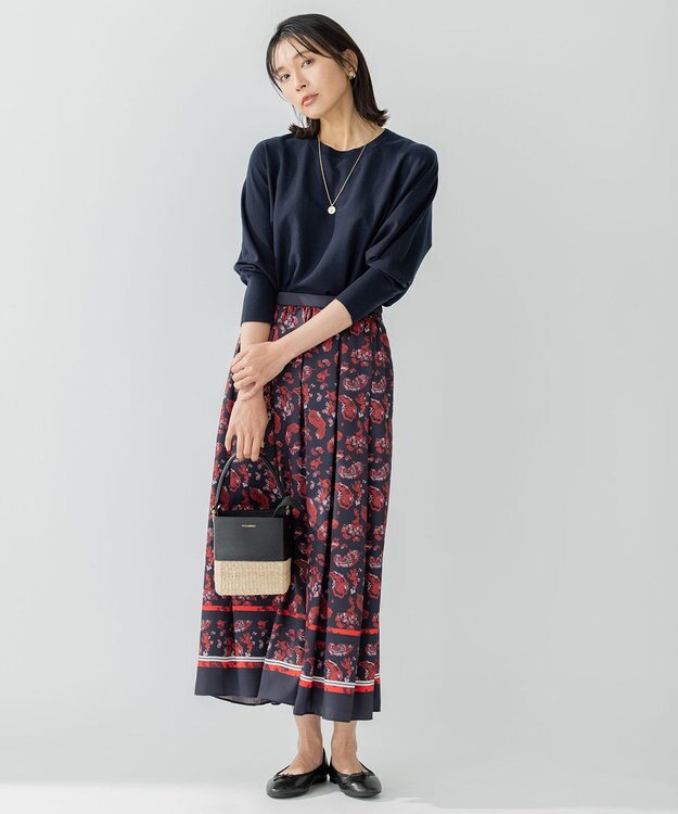 23区 【洗える】スカーフパネルプリント スカート ネイビー系