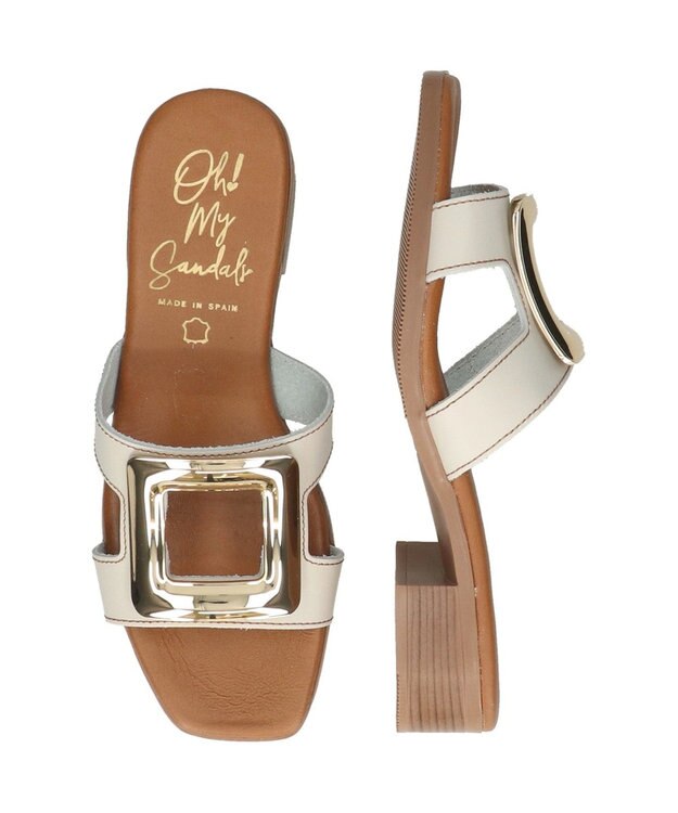 INTER-CHAUSSURES 【Oh my Sandals】メタルバックルローヒールミュールサンダル ホワイト