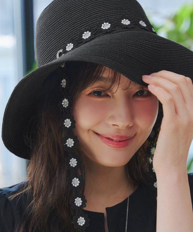 Tiaclasse フラワーレース付きクロッシュハット ブラック