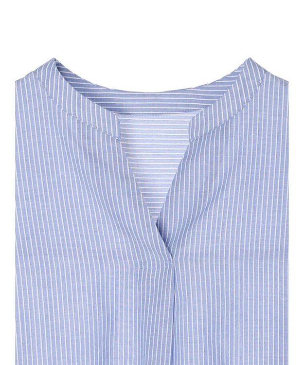 Green Parks 綿麻混フレンチスリーブスキッパーシャツ Stripe Blue