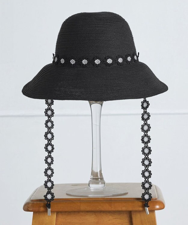 Tiaclasse フラワーレース付きクロッシュハット ブラック