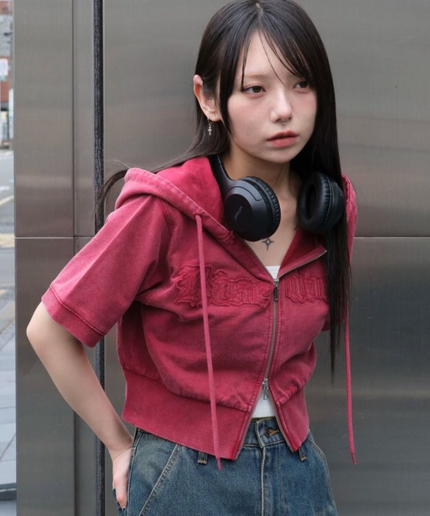 WEGO ヴィンテージウォッシュロゴ半袖パーカー レッド