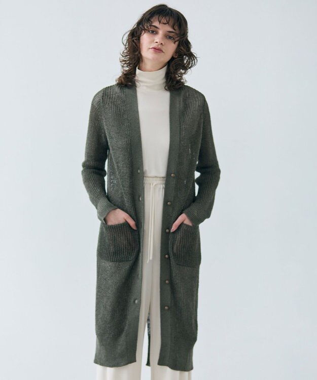 BEIGE， 【洗える】OPTICAL / ペーパーヤーンVネックロングカーディガン Khaki