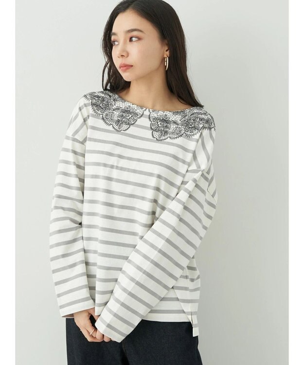 earth music&ecology レースプリントボーダープルオーバー Border Gray