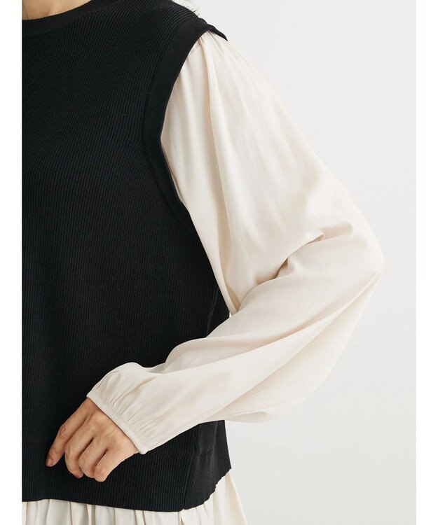 Green Parks とろみ布帛ドッキングニットチュニック Black